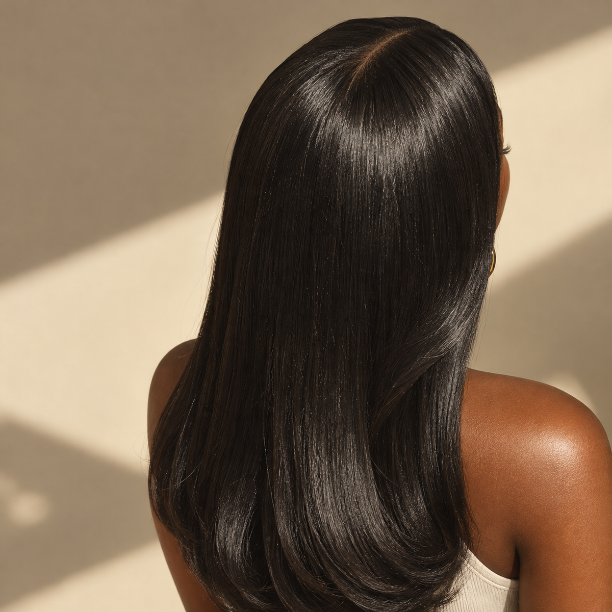 a woman with glossy, bone-straight silk-pressed natural hair